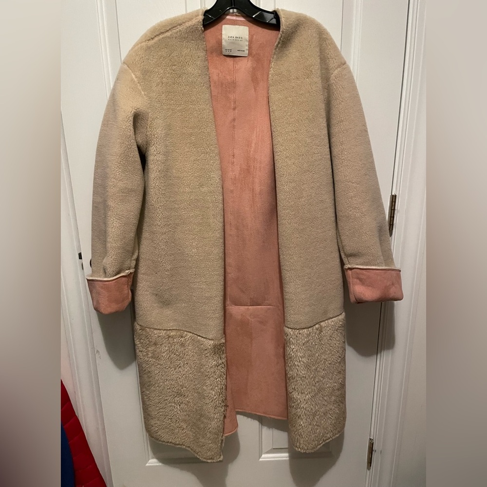 ZARA sherling ecru pink fur coat with double sided Size M